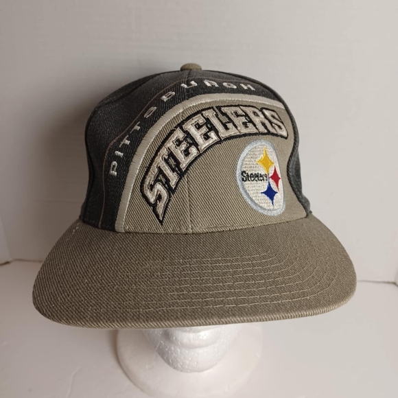 Vtg Pittsburgh Steelers Team Logo Athletic Snapback Hat Cap Black/Grey NFL Lee - Picture 1 of 5